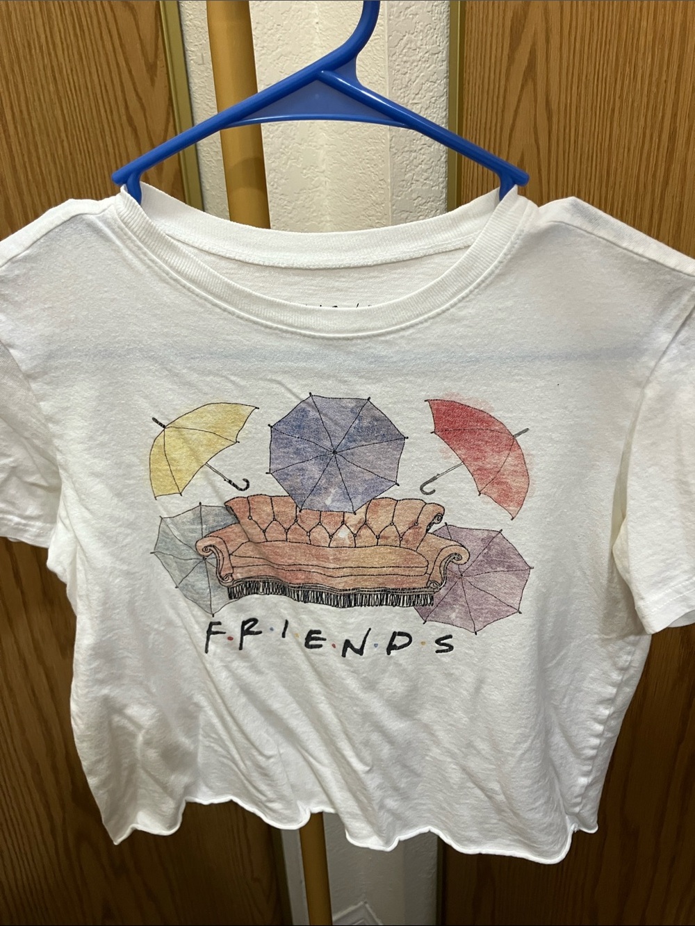 FRIENDS White Graphic Logo Tee with Blue Hanger Accent